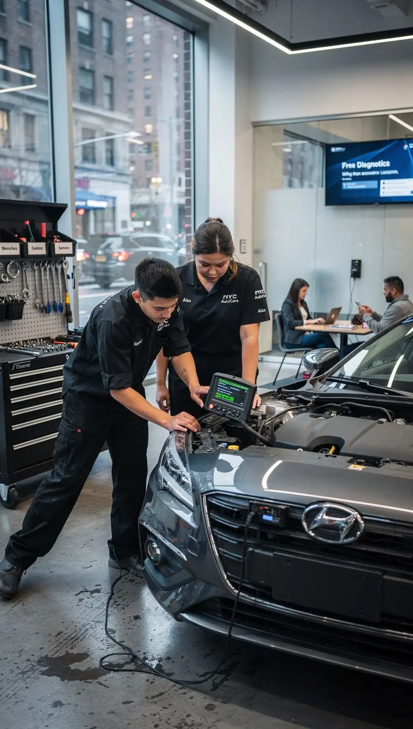 Modern quick-service auto center exterior with clear signage in a dense New York City neighborhood